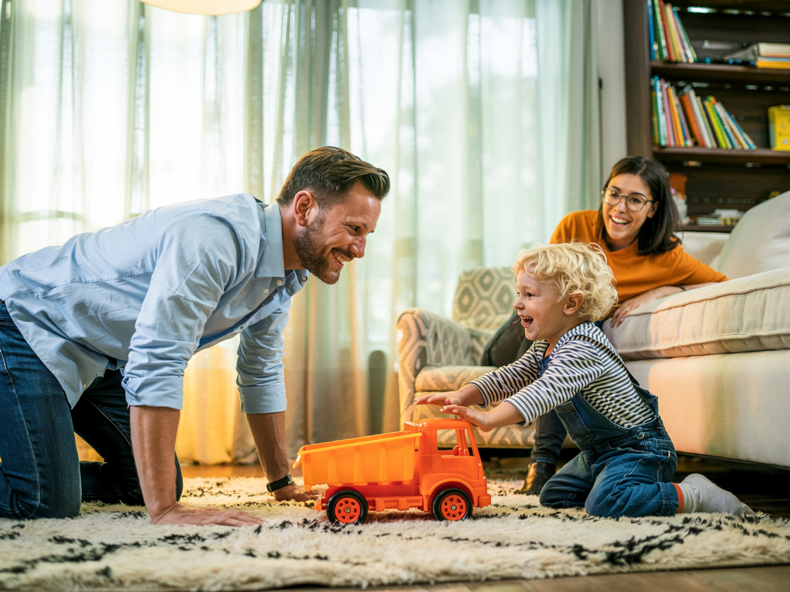 Familie spielt gemeinsam mit Spielzeugen und symbolisiert Generationenbindung, Spaß und gemeinsame Zeit. Illustration für Großeltern und Enkel-Beziehung. Konzept für Familienunterstüt zung und Lebensqualität bei Ausgleichskasse Migros.