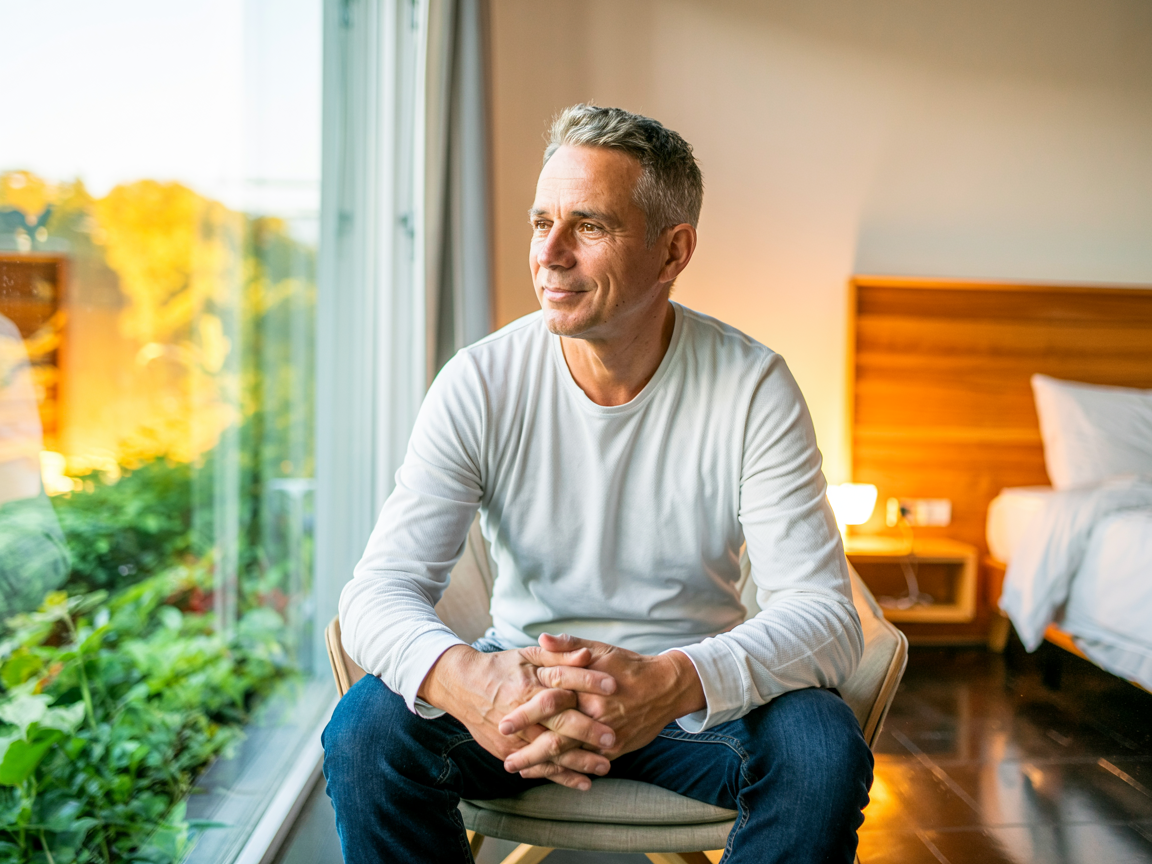 Nachdenklicher Mann sitzt in seinem Zimmer und denkt nach. Illustration für Introspection und Reflexion im Alter. Konzept für Lebensplanung und AHV bei Ausgleichskasse Migros.