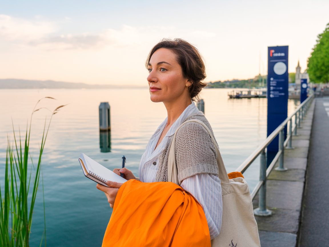 Donna che lavora in modo creativo in riva all'acqua, simboleggiando il lavoro flessibile e l'autonomia in eta avanzata. Illustrazione per l'occupazione, la consulenza e la pensione in evoluzione. Concetto per i pensionati AVS con reddito presso la Cassa di compensazione Migros.