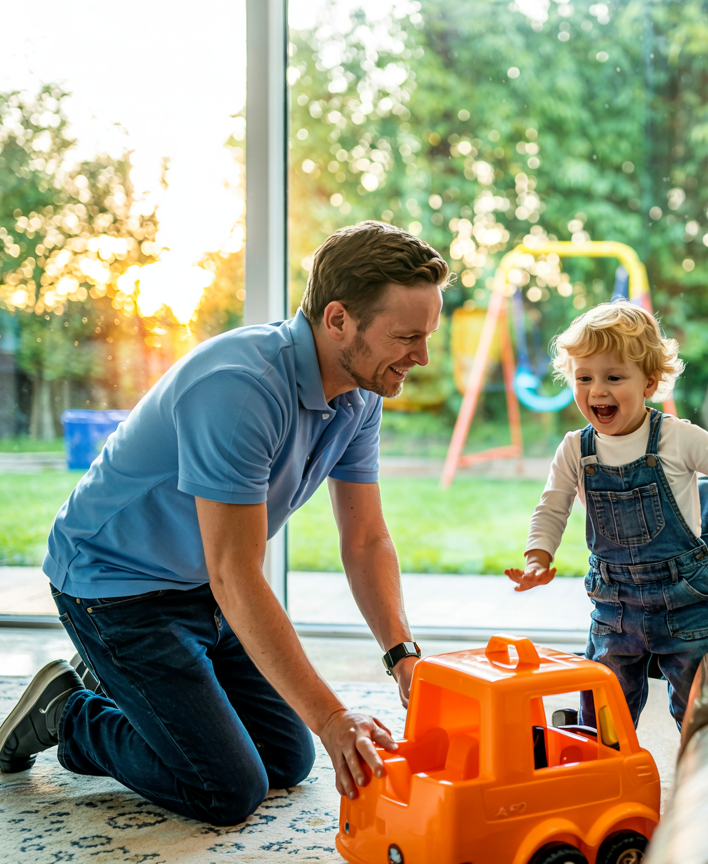 La famiglia gode del tempo trascorso insieme a casa, simboleggiando la coesione familiare e la vita domestica. Illustrazione per i padri di famiglia e i nonni. Concetto di AVS e qualita della vita presso la Cassa di compensazione Migros.