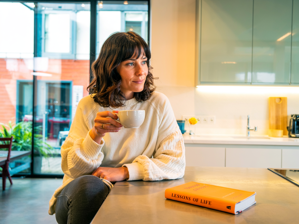 Femme buvant du café avec un livre symbolisant l'activité intellectuelle. Illustration pour la curiosité intellectuelle à l'âge avancé. Concept pour l'AVS chez la Caisse de compensation Migros.